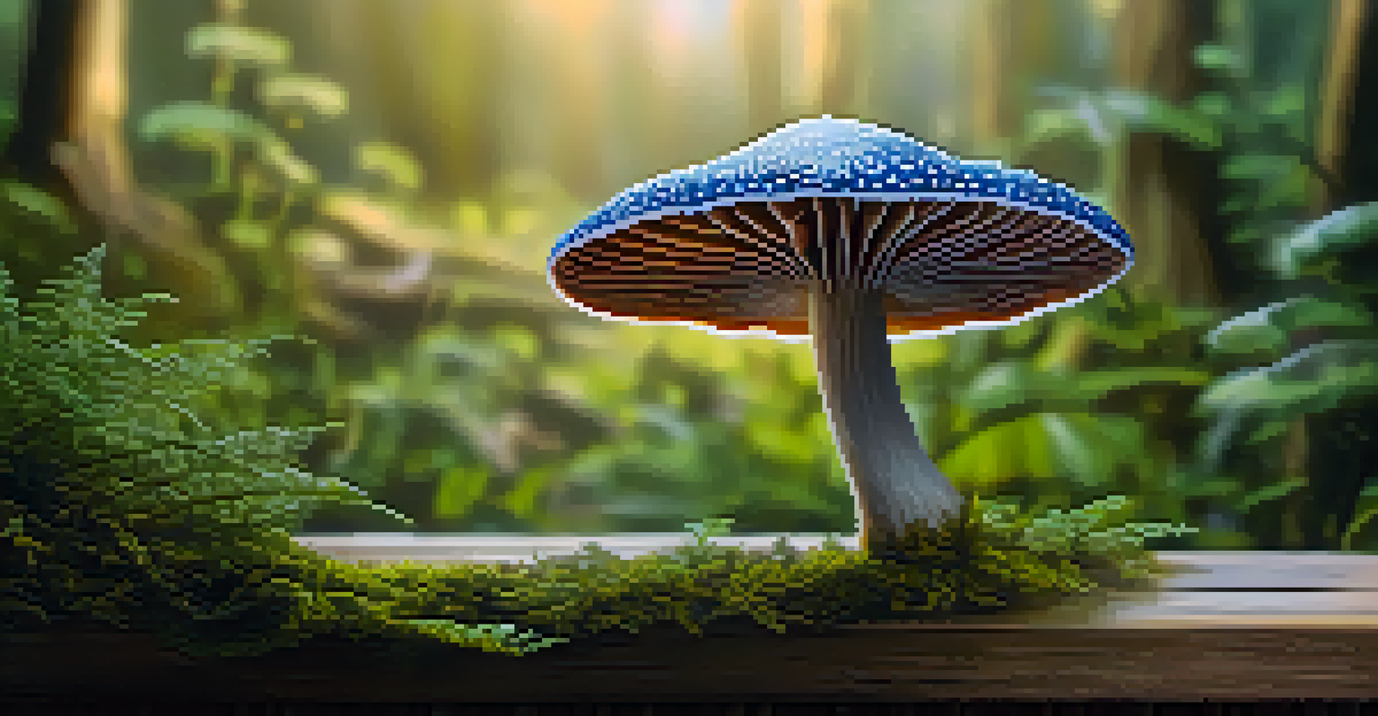 A close-up of a psilocybin mushroom on a wooden surface, with soft lighting emphasizing its textures and colors.