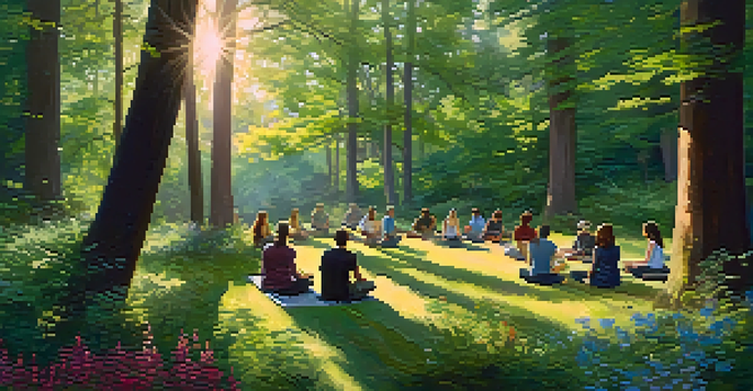 A peaceful forest clearing with diverse people meditating, surrounded by sunlight and wildflowers.