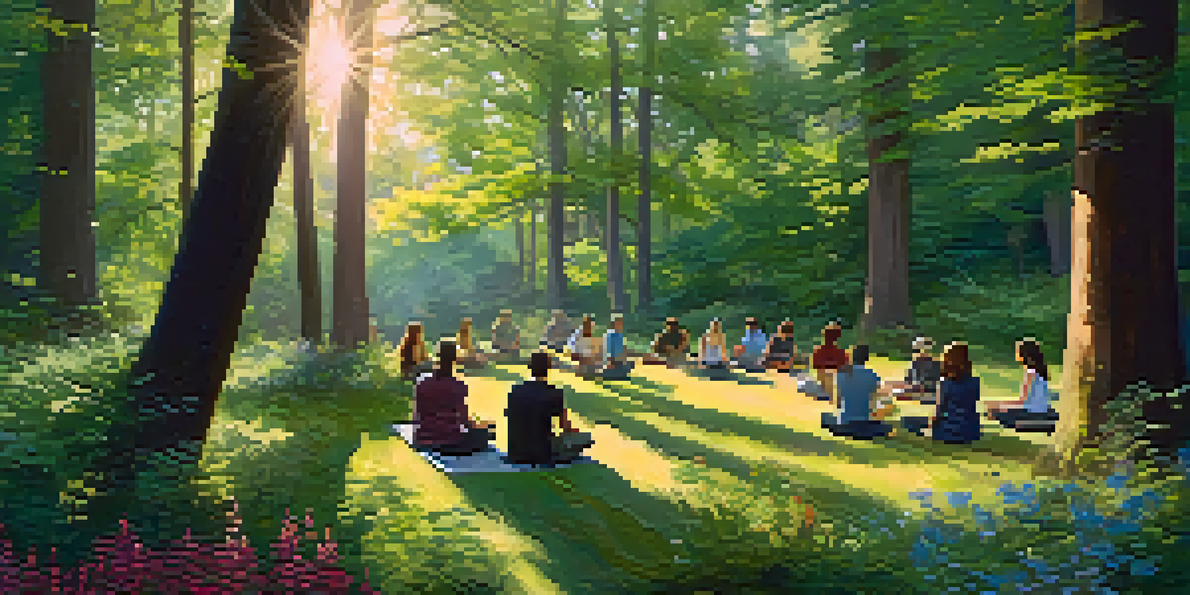 A peaceful forest clearing with diverse people meditating, surrounded by sunlight and wildflowers.