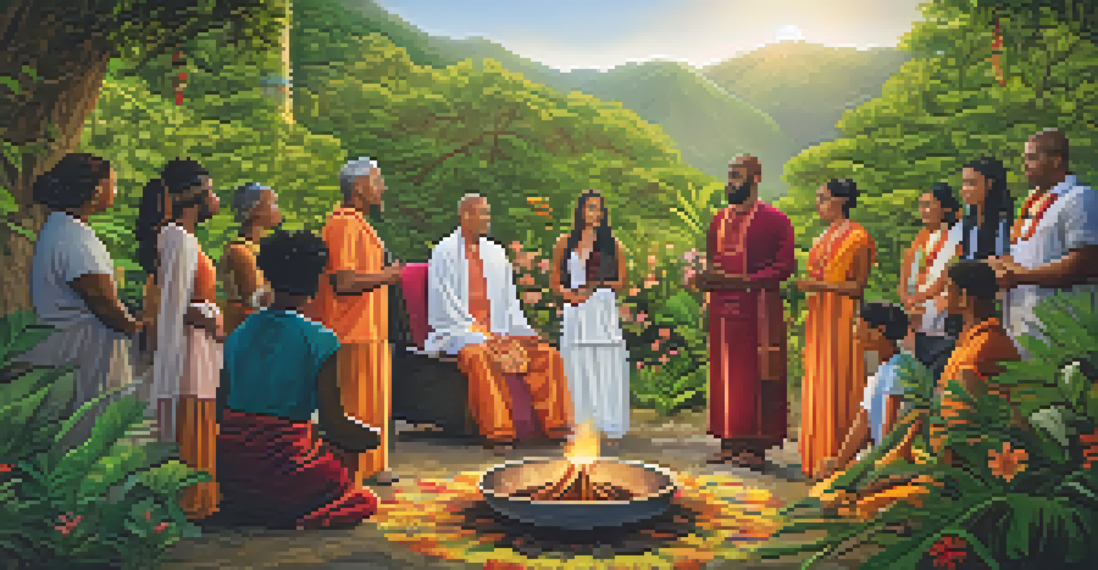 A diverse group of people gathered around a fire in a lush setting, sharing stories during a ceremony.