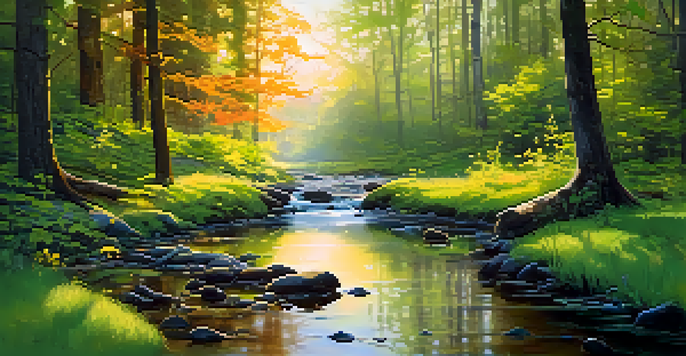 A peaceful forest at dawn with sunlight filtering through trees and a stream reflecting the greenery.