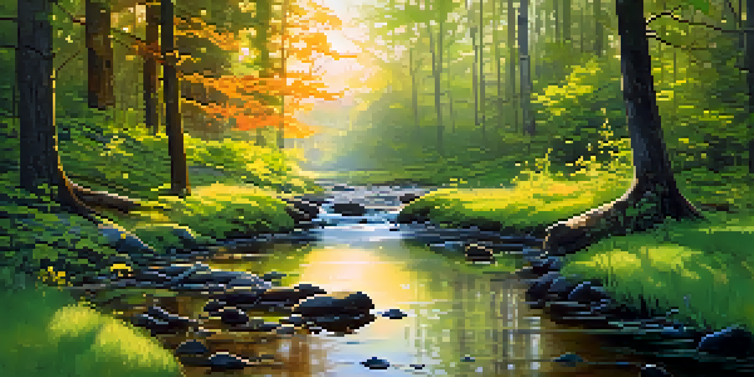 A peaceful forest at dawn with sunlight filtering through trees and a stream reflecting the greenery.