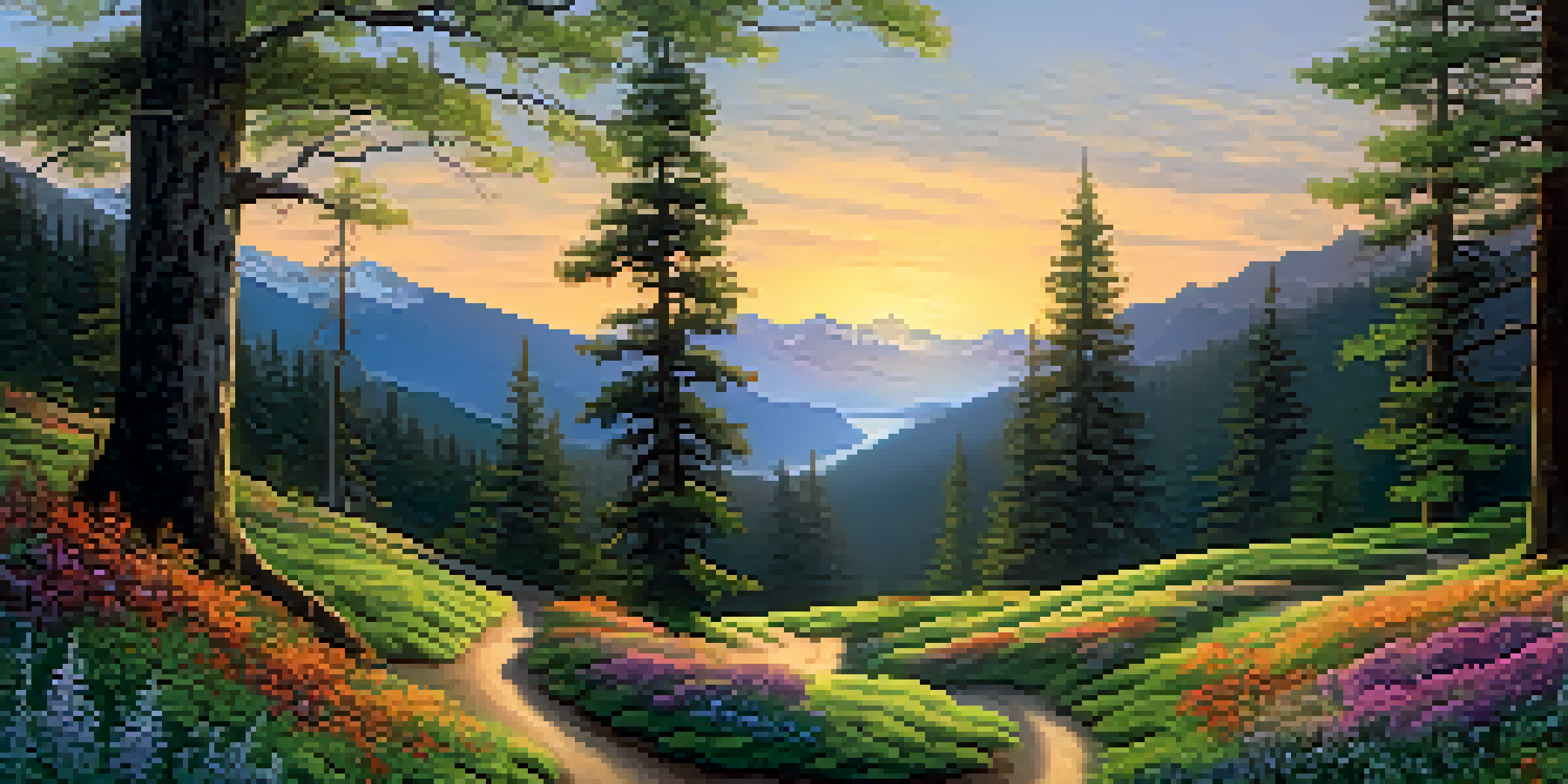 A peaceful forest with a winding path, illuminated by warm light, surrounded by moss and wildflowers, with mountains in the background.