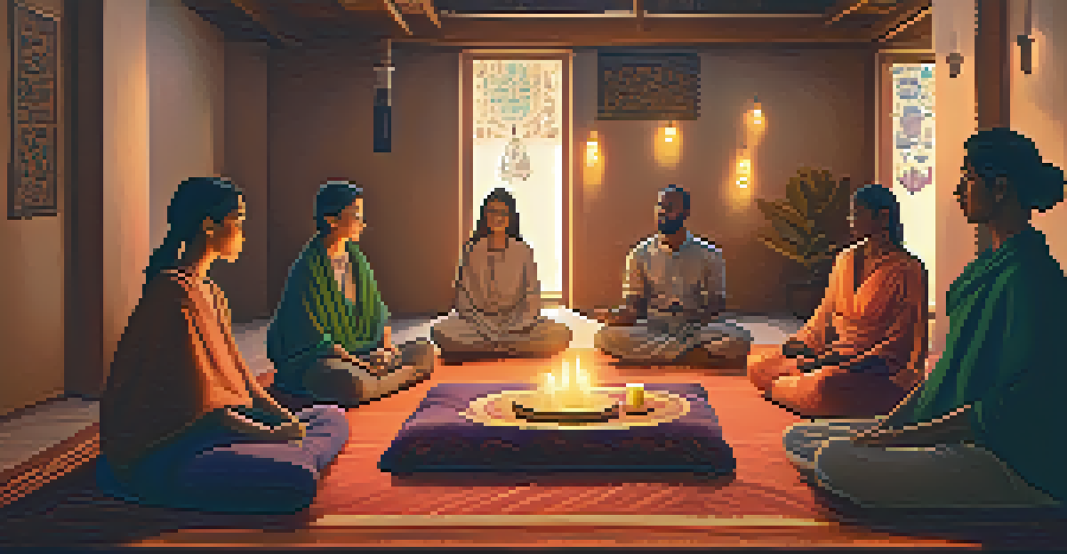 A cozy room with candlelight, where people are meditating together on cushions, surrounded by colorful tapestries and a warm atmosphere.