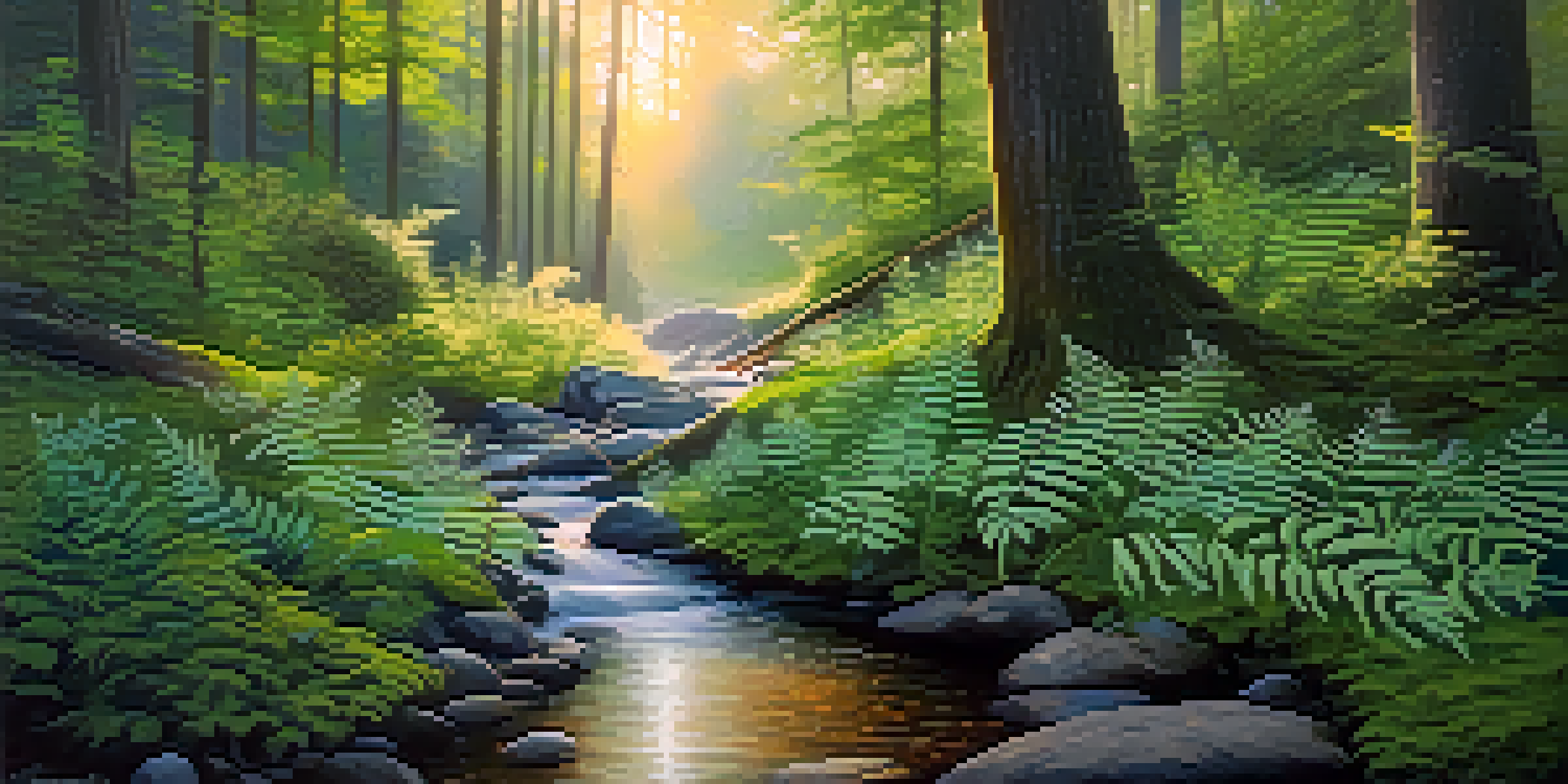 A peaceful forest with sunlight filtering through trees and a gentle stream flowing over stones.