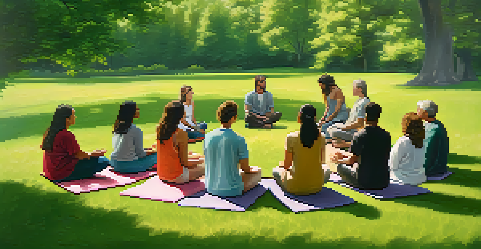 A peaceful outdoor retreat with a group of people sitting in a circle on grass, participating in a guided meditation session in a serene environment.