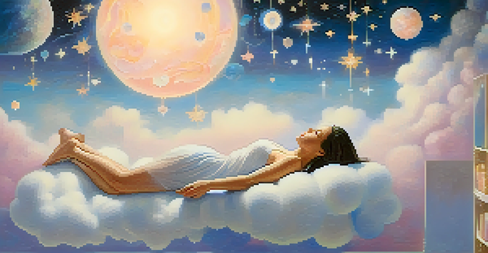 A person peacefully resting on a fluffy cloud amidst floating dream symbols such as stars and moons in a pastel-colored sky.