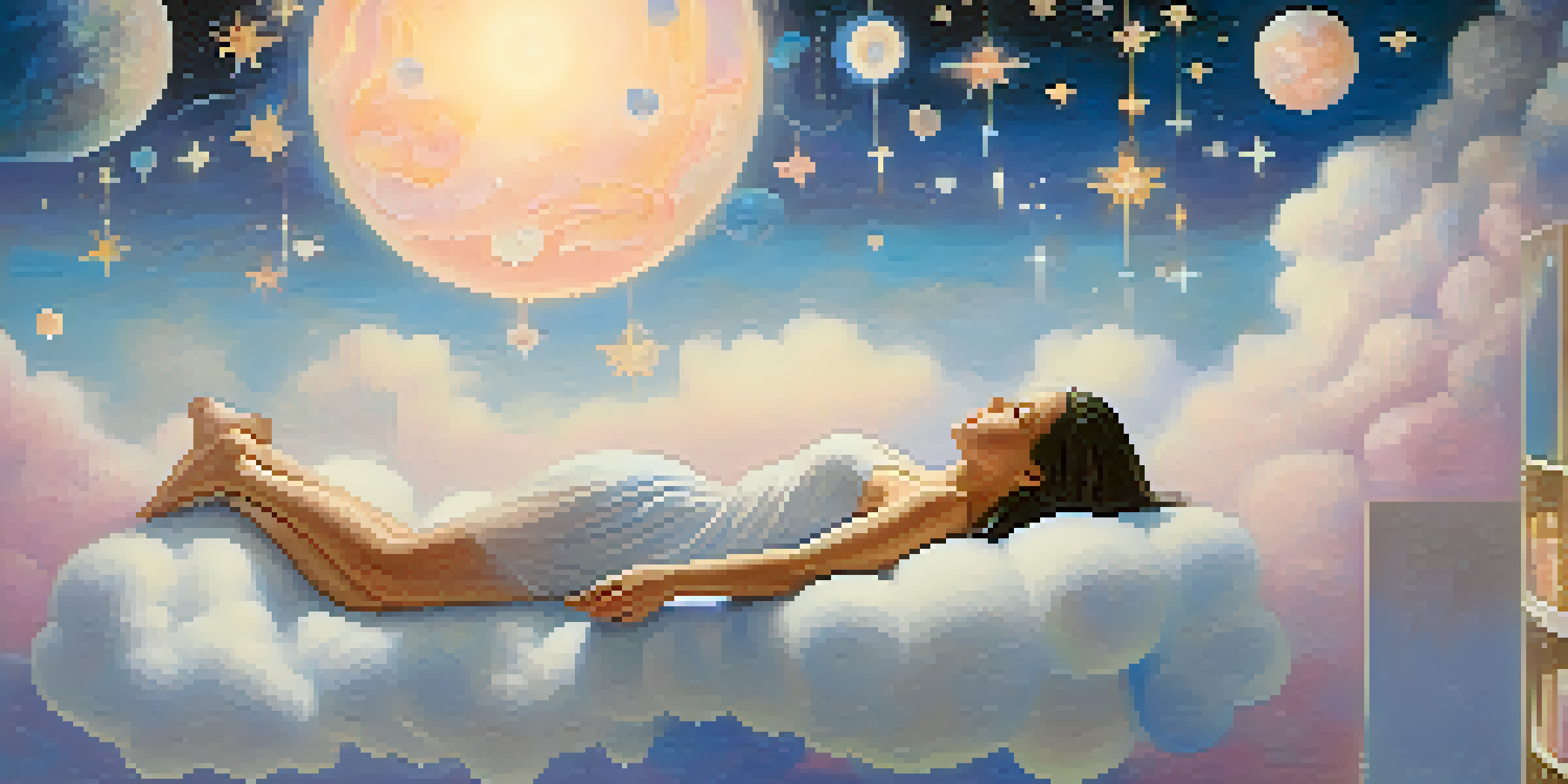 A person peacefully resting on a fluffy cloud amidst floating dream symbols such as stars and moons in a pastel-colored sky.