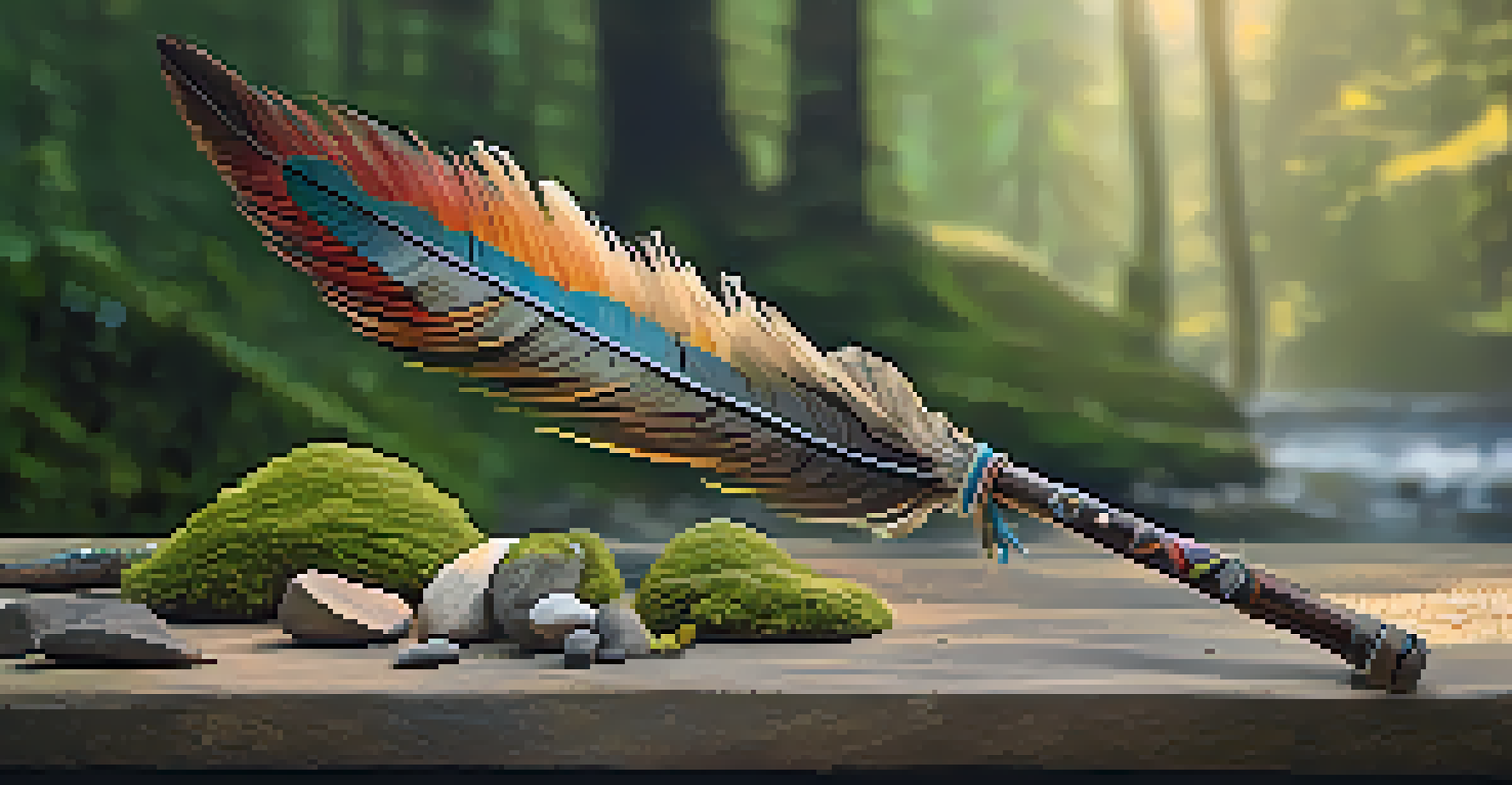 A close-up of a carved wooden staff adorned with feathers and beads, placed on a mossy surface with soft sunlight illuminating the details.