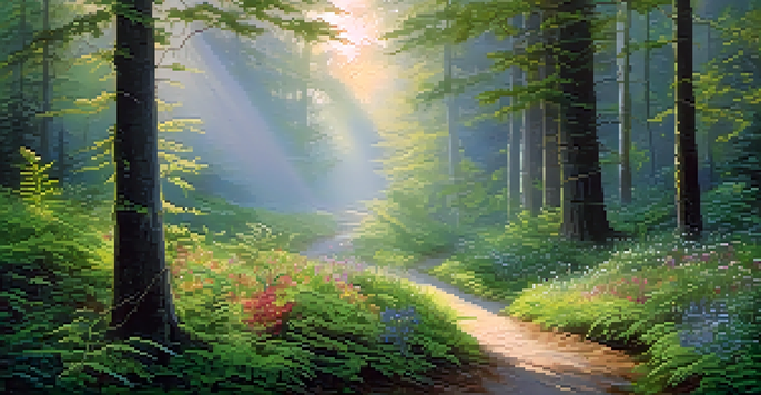 A misty forest at dawn with sunlight filtering through the trees and a winding path lined with wildflowers.