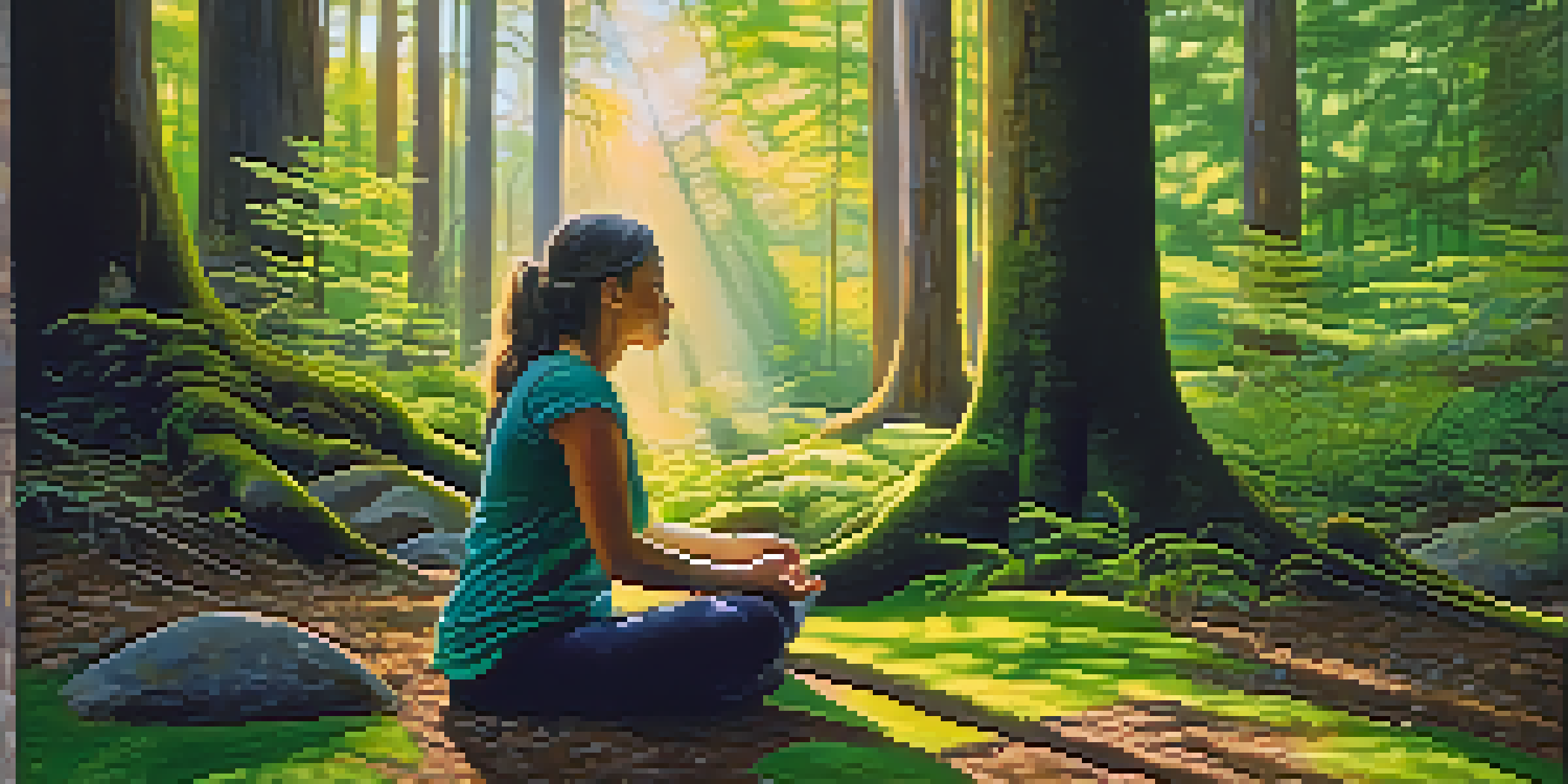 A person meditating in a tranquil forest, with sunlight filtering through the trees.