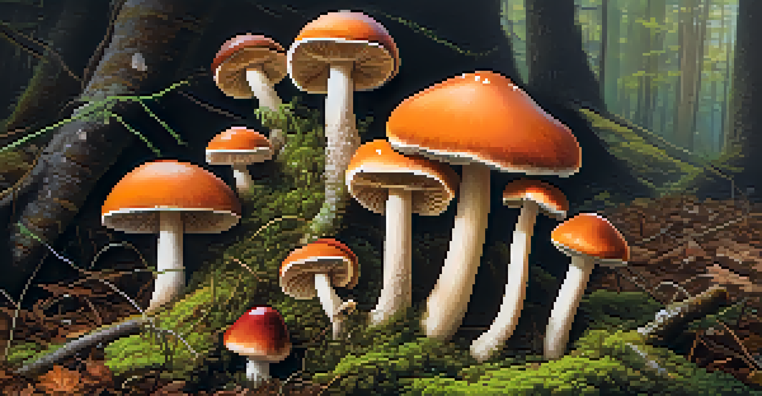 A detailed view of colorful mushrooms growing on moss with dew drops, illuminated by soft sunlight.