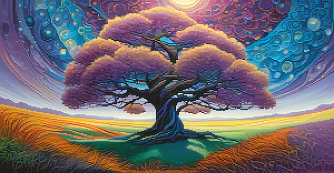 A dreamlike landscape with a luminous tree at the center surrounded by vibrant colors and glowing orbs in the sky.