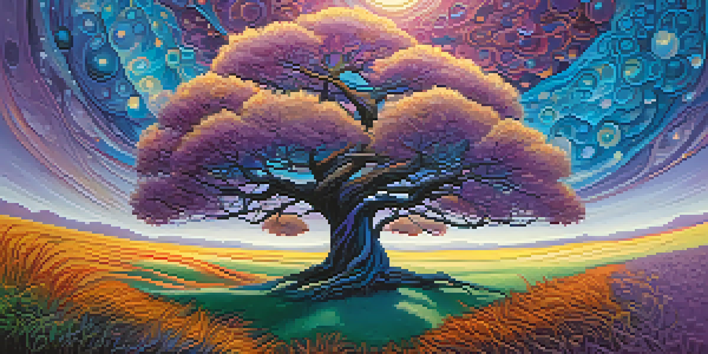 A dreamlike landscape with a luminous tree at the center surrounded by vibrant colors and glowing orbs in the sky.