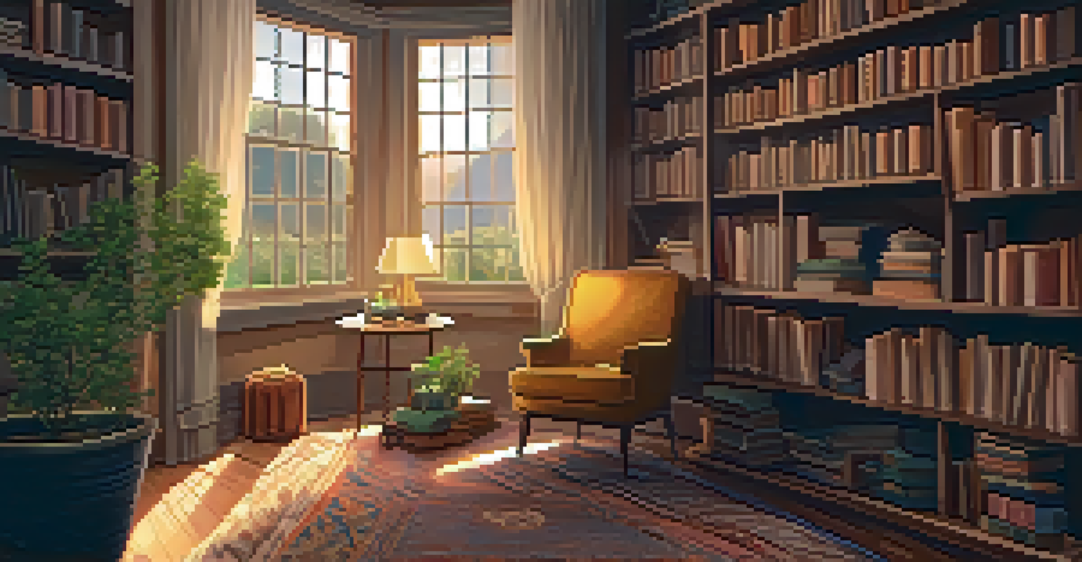A cozy reading nook with an armchair, tea, and a bookshelf in a softly lit room.