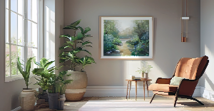 A peaceful therapy room with natural light, plants, and calming artwork.