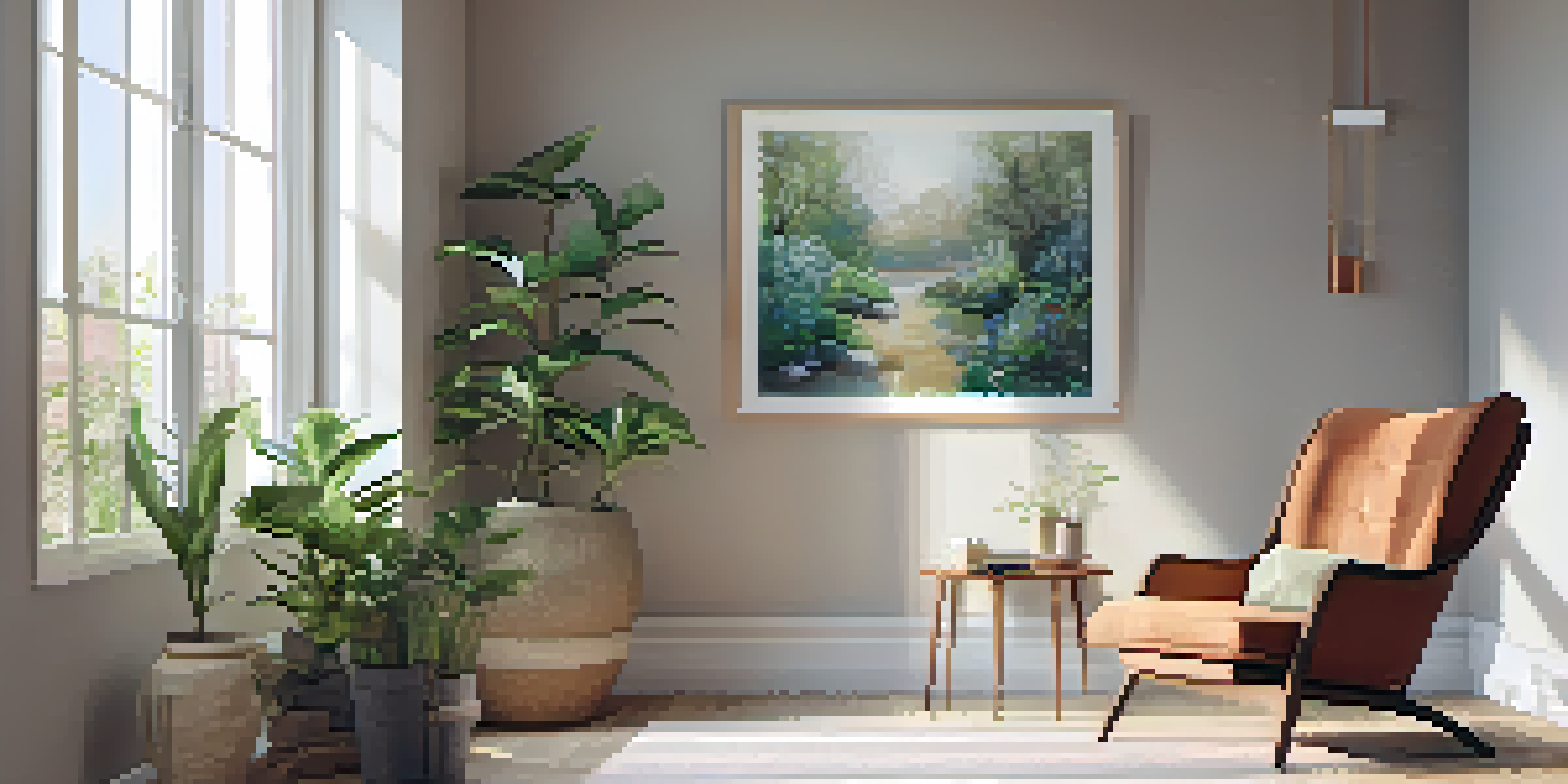 A peaceful therapy room with natural light, plants, and calming artwork.