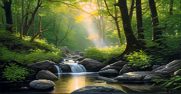 A peaceful forest at dawn with golden sunlight and a gentle stream flowing through.