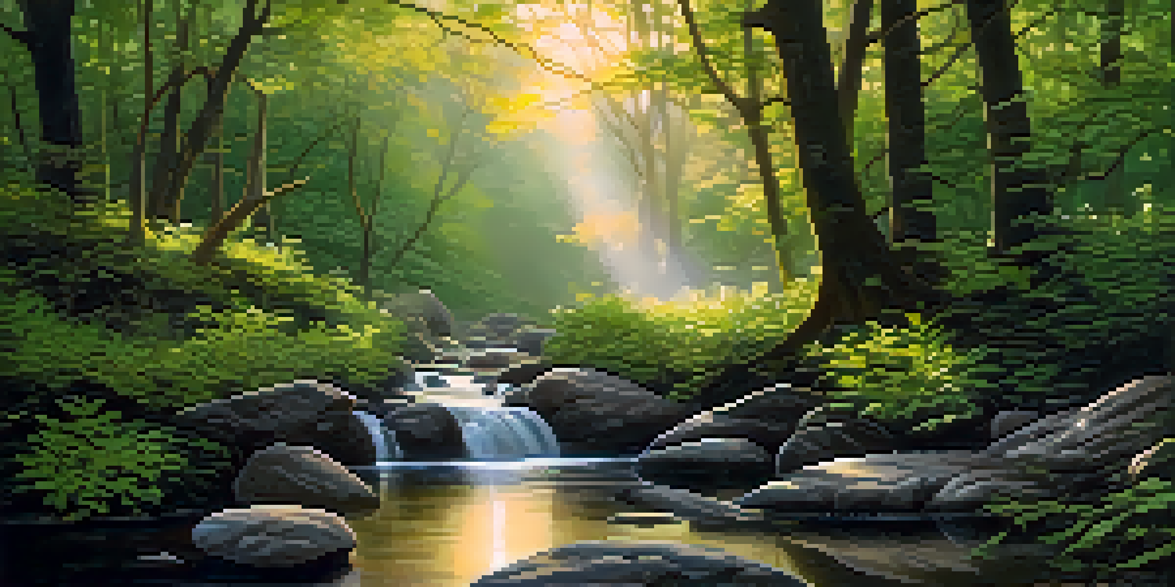 A peaceful forest at dawn with golden sunlight and a gentle stream flowing through.