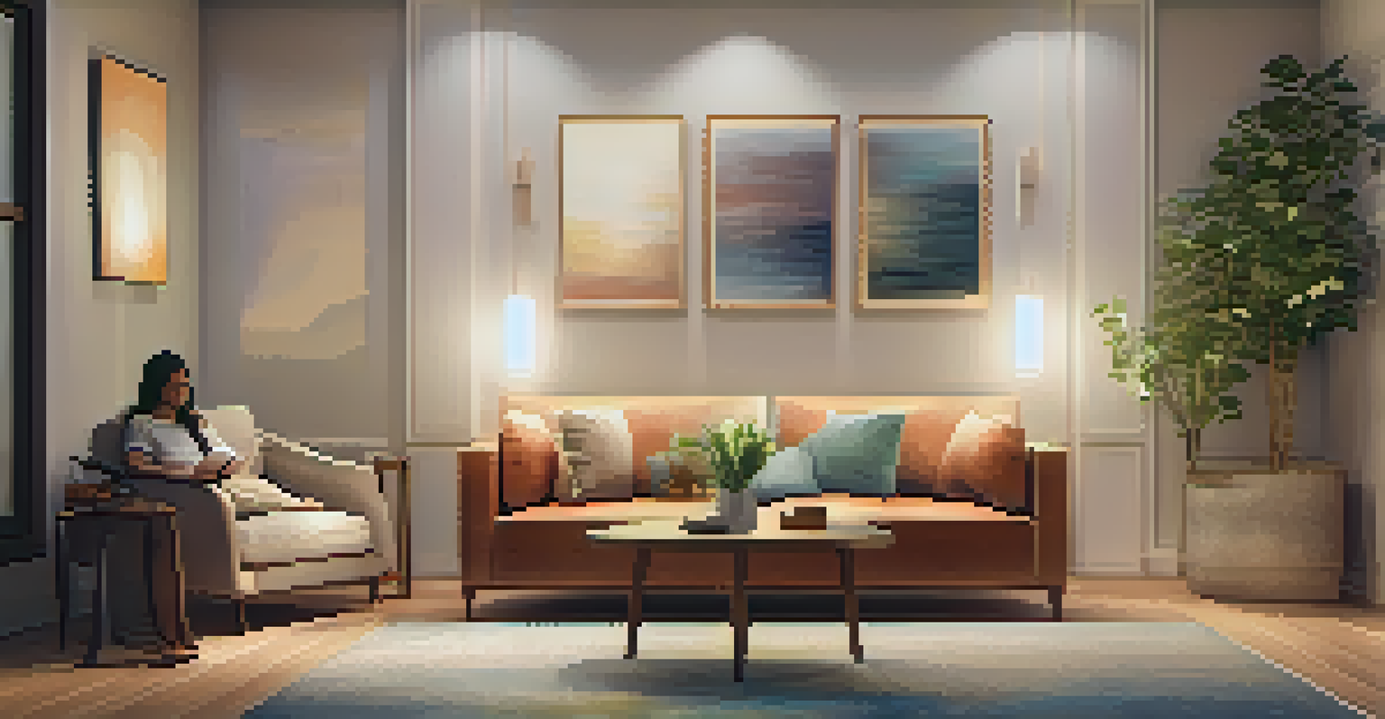 A cozy therapy room with a therapist and client engaged in conversation, surrounded by calming decor.