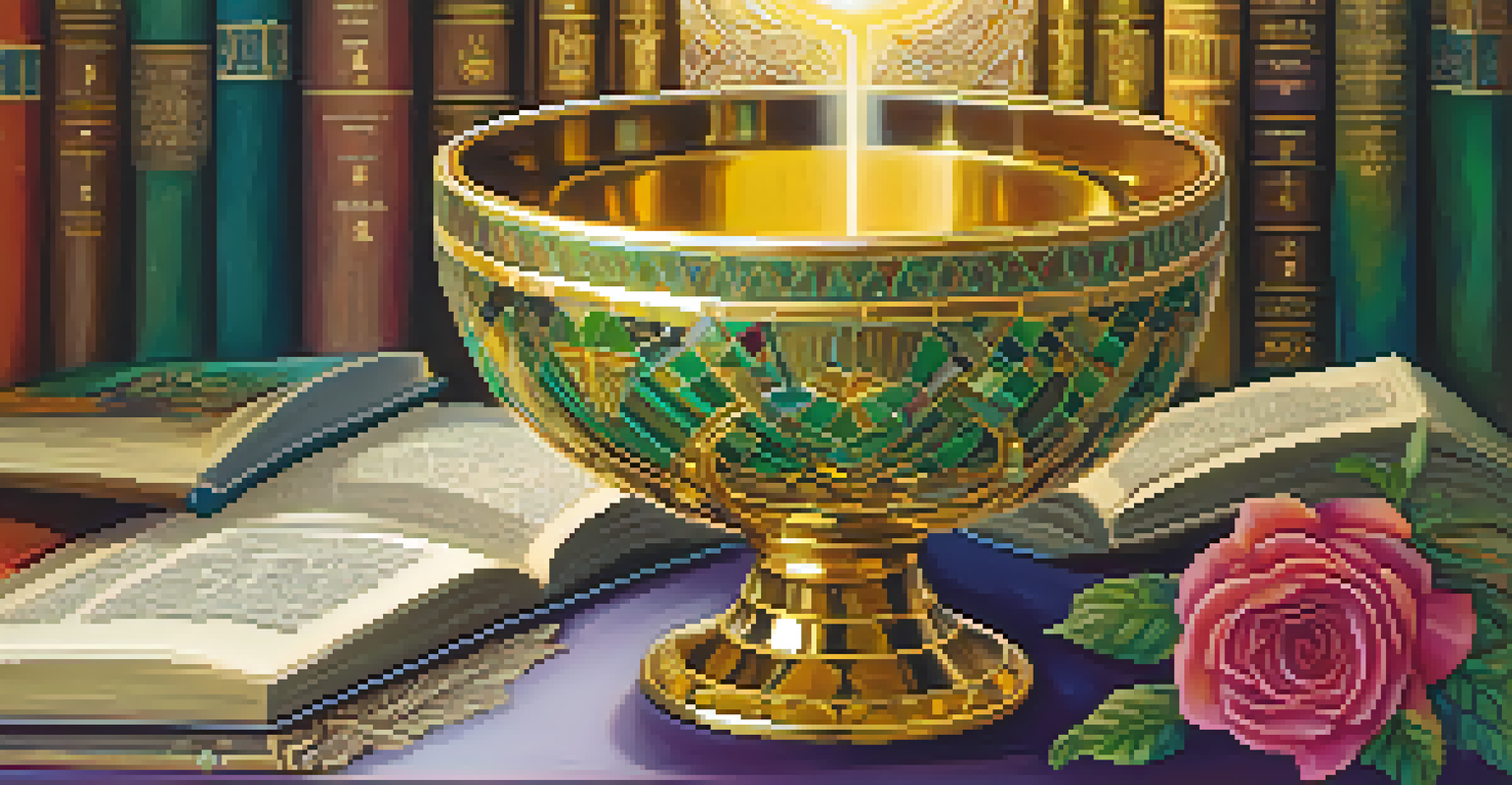 A close-up of an ornate Soma chalice filled with sparkling liquid, surrounded by ancient texts and flowers.