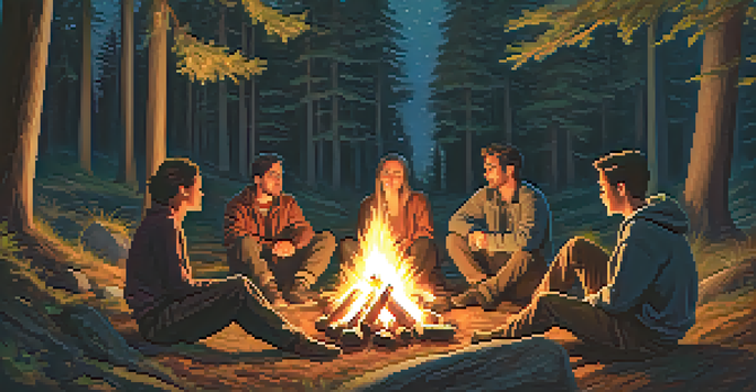 A group of friends sitting around a campfire in a forest at night, engaged in conversation with warm light from the fire illuminating their faces.