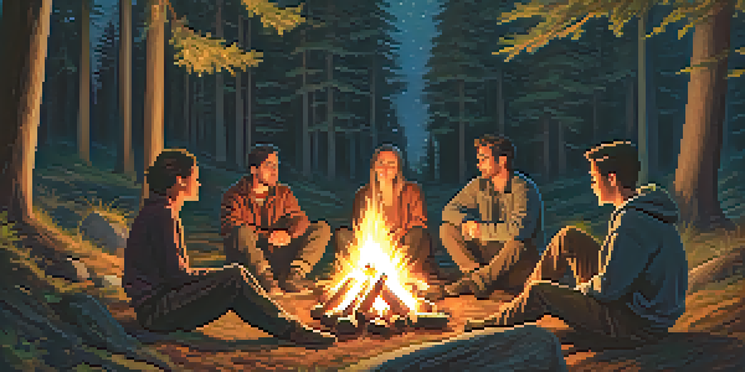 A group of friends sitting around a campfire in a forest at night, engaged in conversation with warm light from the fire illuminating their faces.