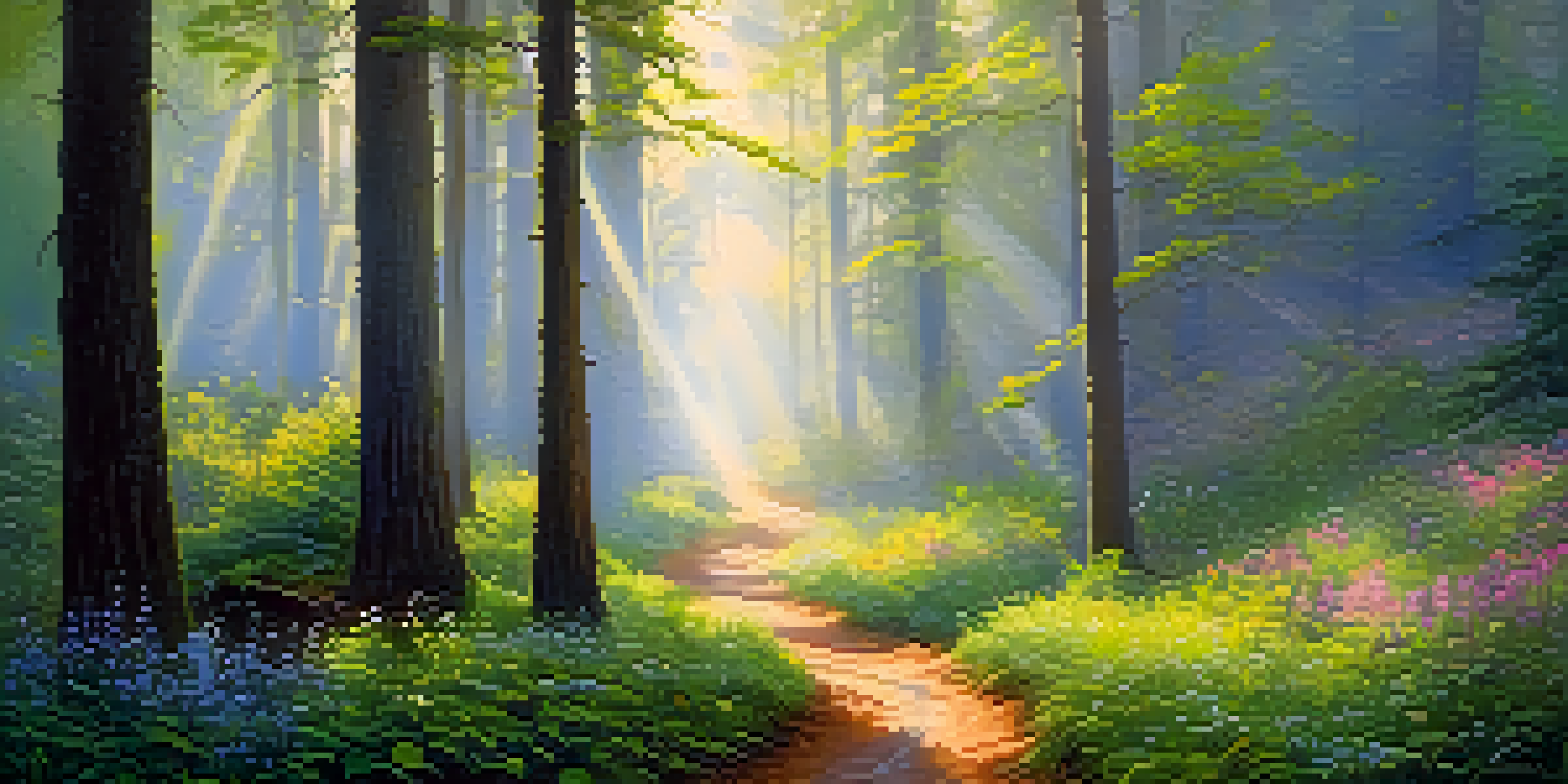 A peaceful forest with mist in the early morning light, tall trees, and a winding path leading into the woods.