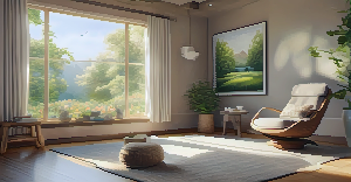 A peaceful therapy room with a reclining chair, herbal tea on a table, and nature artwork on the walls, illuminated by natural light from a window.