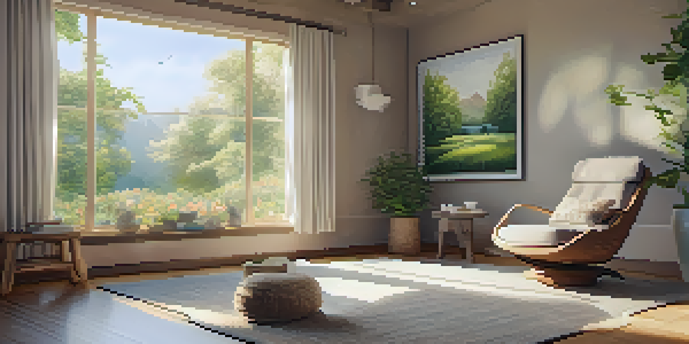 A peaceful therapy room with a reclining chair, herbal tea on a table, and nature artwork on the walls, illuminated by natural light from a window.