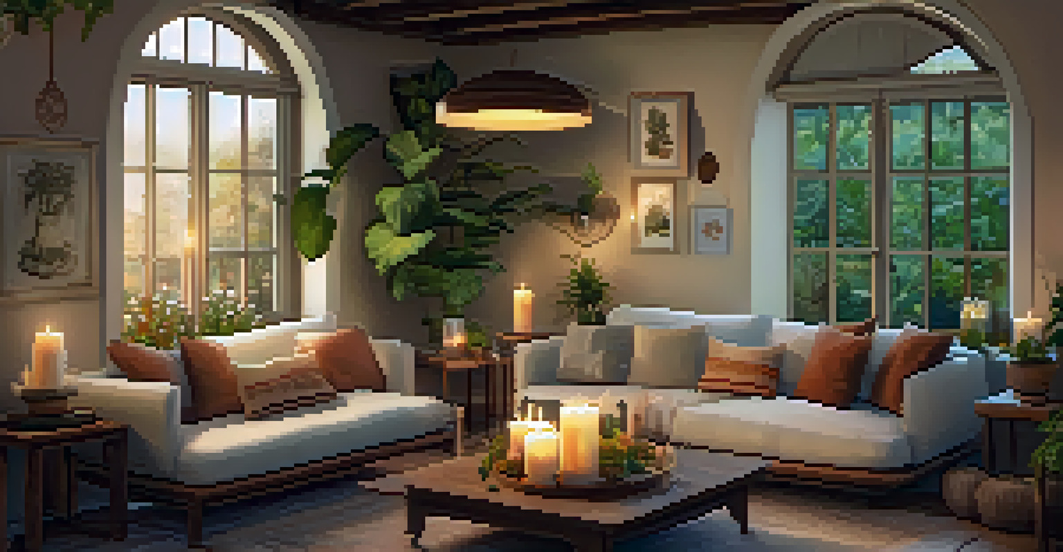An indoor gathering with a facilitator leading a small group in a cozy, well-lit room filled with cushions and calming artwork.