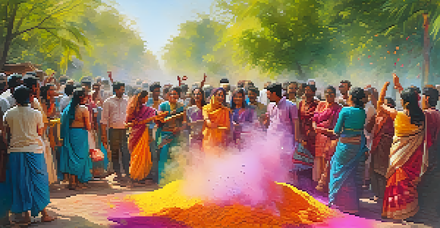 A group of people celebrating Holi festival in India, joyfully consuming bhang and throwing colorful powders.