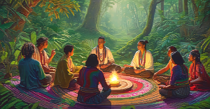 A tranquil forest scene with a diverse group of people participating in an ayahuasca ceremony, led by a shaman in traditional clothing amidst lush greenery and flowers.