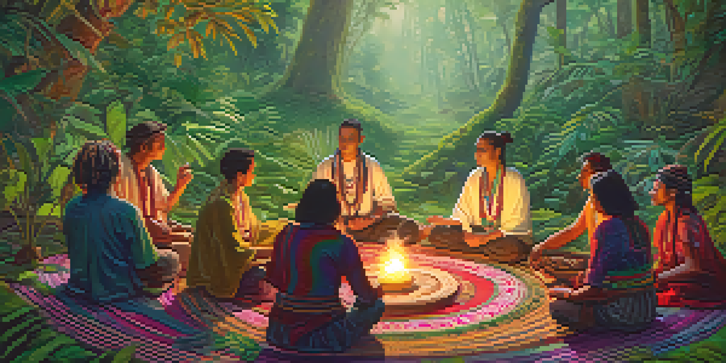 A tranquil forest scene with a diverse group of people participating in an ayahuasca ceremony, led by a shaman in traditional clothing amidst lush greenery and flowers.