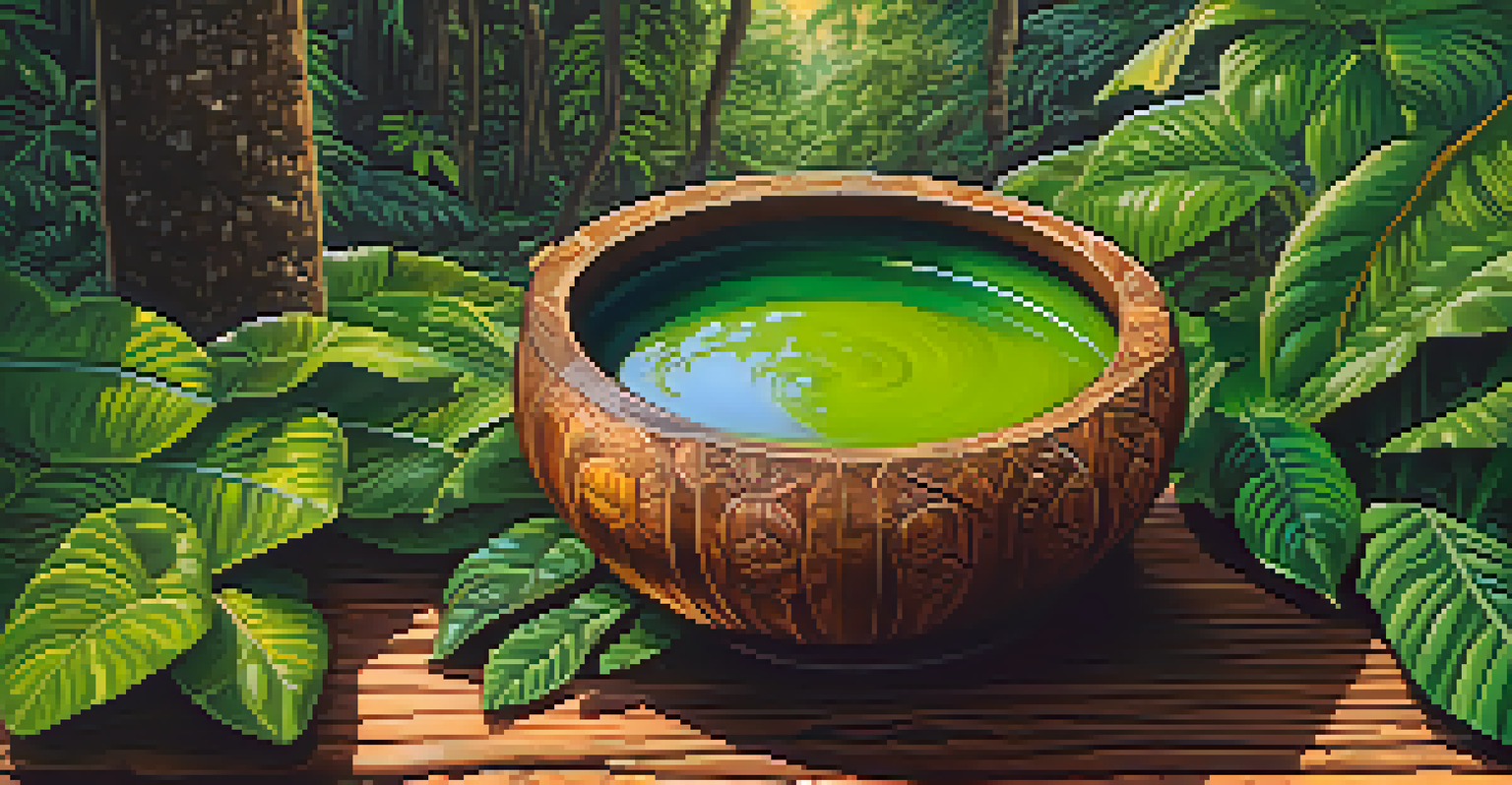 A detailed view of ayahuasca brew in a wooden bowl surrounded by lush green jungle leaves.