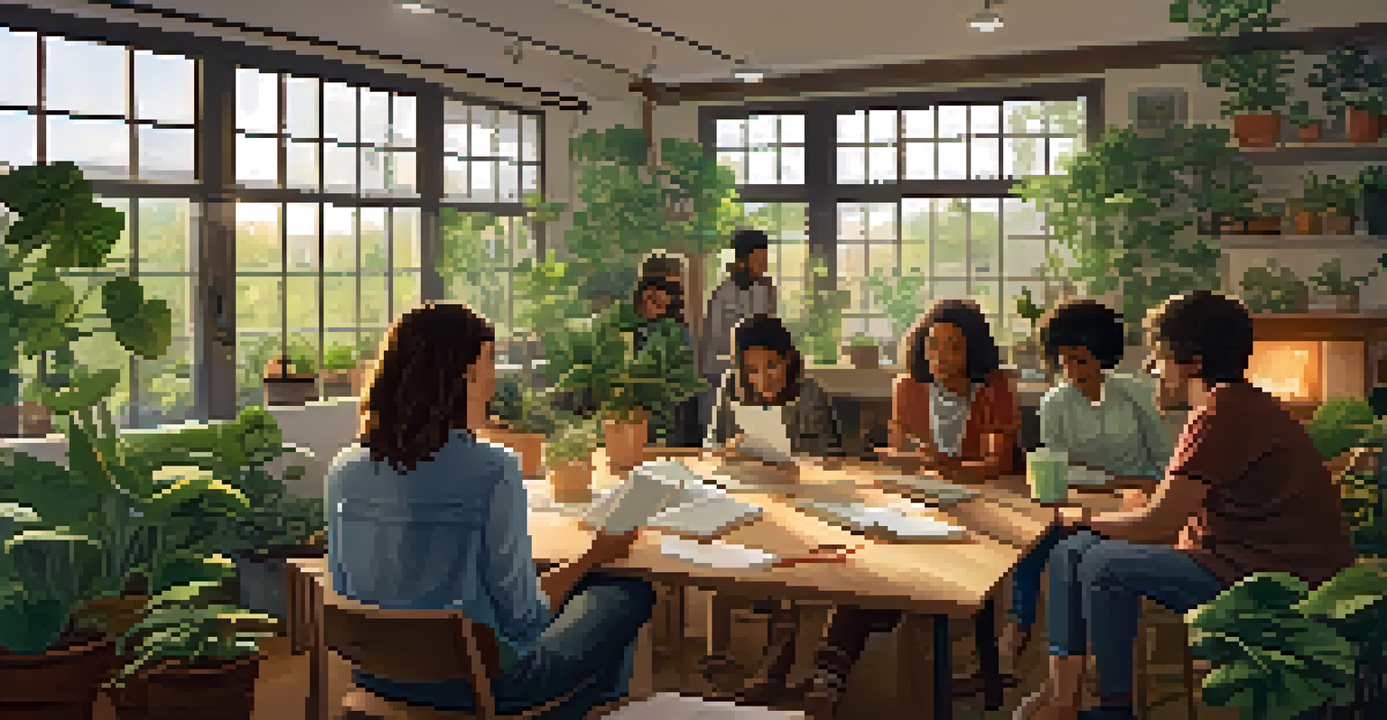 A warm indoor workshop with participants engaged in empathy-building activities, surrounded by plants and cozy cushions.
