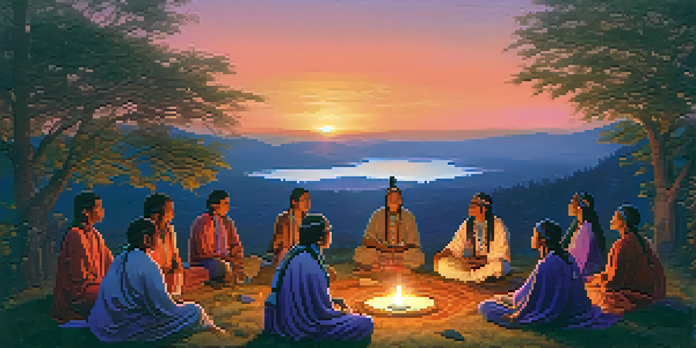 A group of individuals in traditional attire participating in a healing ceremony in a colorful forest at twilight, with warm hues in the sky and ethereal light filtering through the trees.