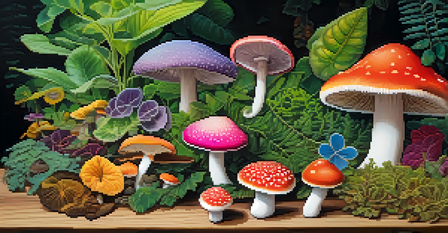 Colorful entheogenic plants and mushrooms on a wooden table in a sunlit garden, highlighting the natural beauty and diversity of these substances.