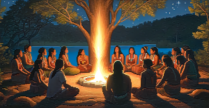 An ancient Indigenous ceremony under a starlit sky with participants in a circle around a glowing fire.