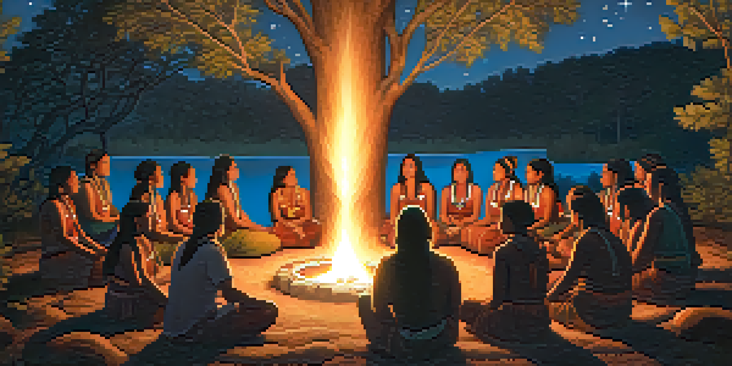 An ancient Indigenous ceremony under a starlit sky with participants in a circle around a glowing fire.