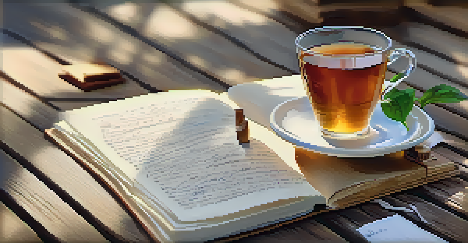 A close-up of an open journal with handwritten notes and a cup of herbal tea on a wooden table, illuminated by morning light.