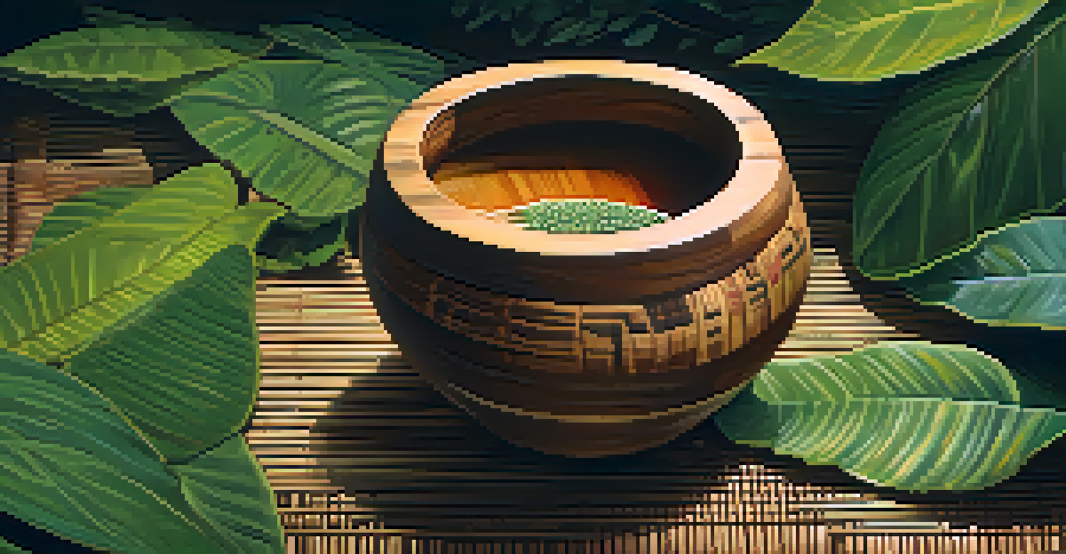 A close-up of a wooden cup filled with Ayahuasca brew surrounded by Amazonian leaves and flowers.