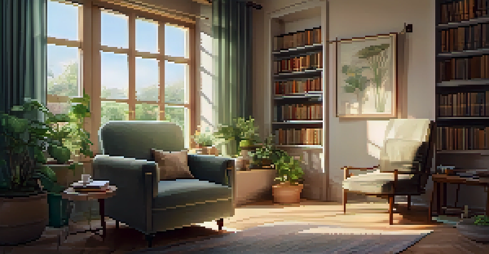 A warm and cozy room with a comfortable armchair, plants, books, and a cup of tea, illuminated by soft lighting.
