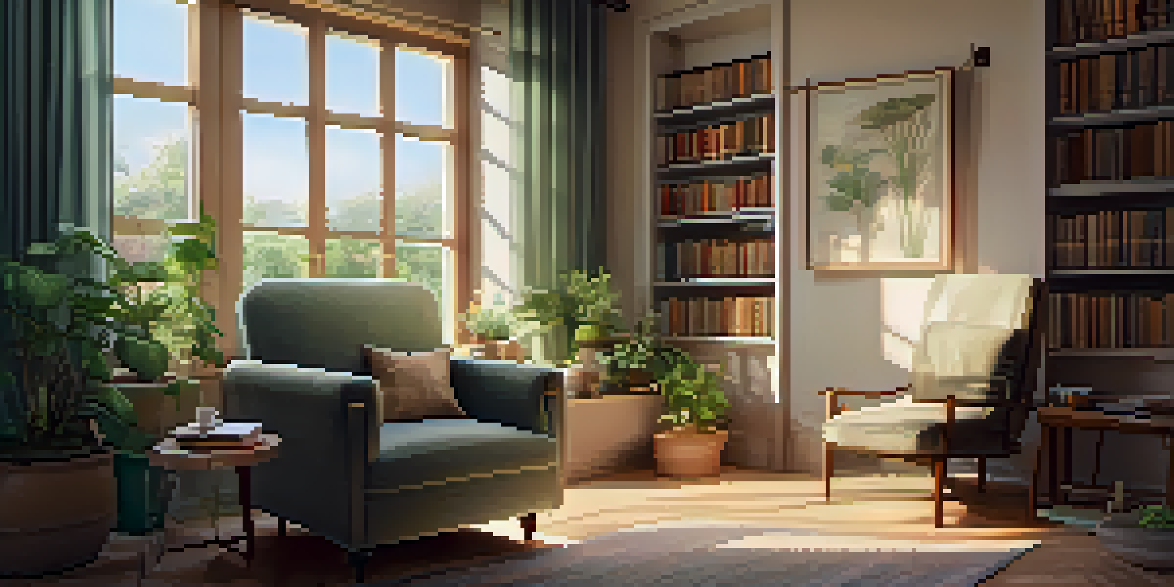 A warm and cozy room with a comfortable armchair, plants, books, and a cup of tea, illuminated by soft lighting.