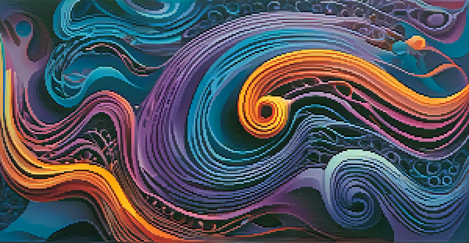 An abstract image showing flowing text and vibrant colors symbolizing language and perception.