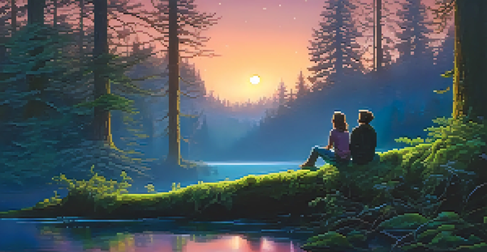 Two individuals sitting on a moss-covered log in a serene forest, surrounded by glowing plants and a starry sky, conveying a sense of connection.
