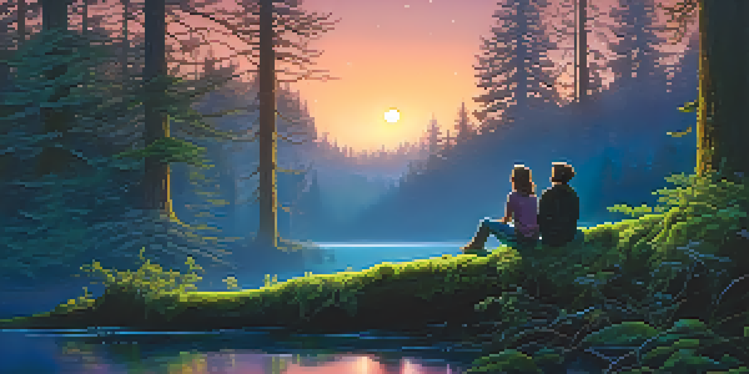 Two individuals sitting on a moss-covered log in a serene forest, surrounded by glowing plants and a starry sky, conveying a sense of connection.