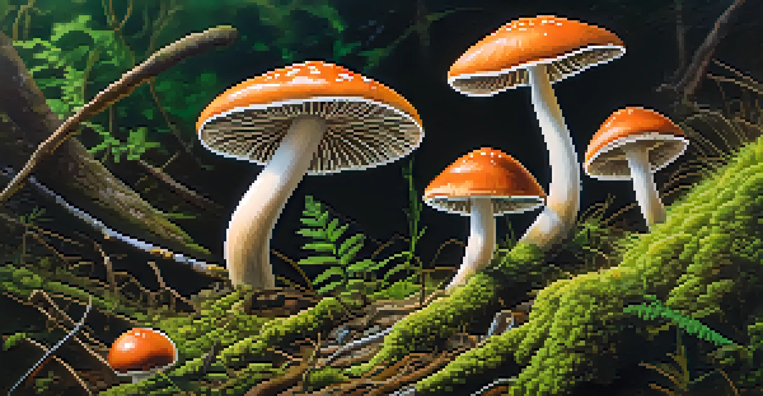 A close-up of vibrant psilocybin mushrooms surrounded by green moss in a natural setting.