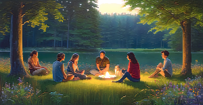 A peaceful forest setting at dusk with a group of people sitting in a circle on the grass, surrounded by colorful wildflowers.