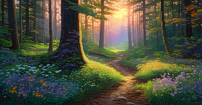 A tranquil forest at twilight with light filtering through the trees and colorful wildflowers in a small clearing.
